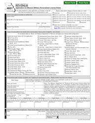 Form 4601 Application for Missouri Military Personalized License Plates - Missouri