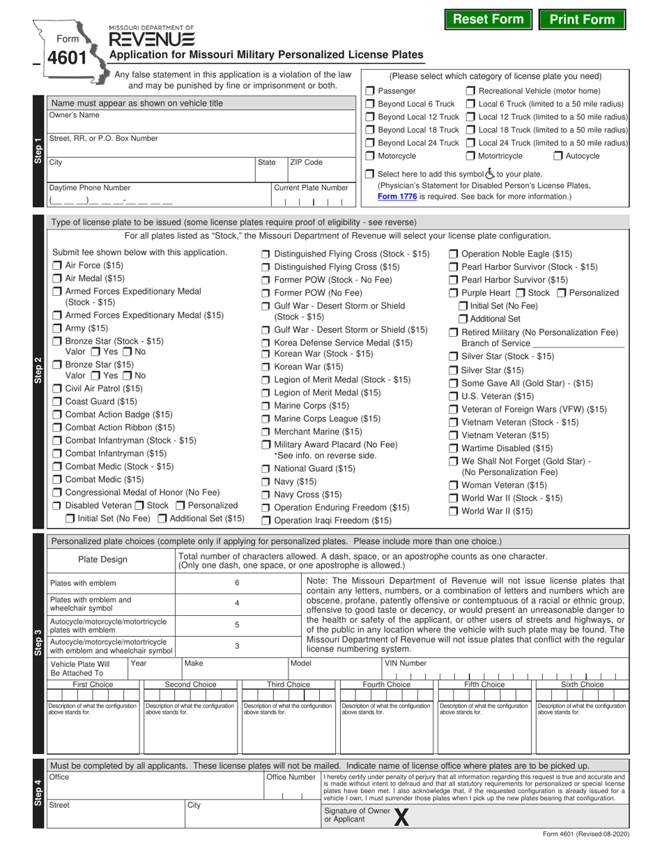 Form 4601 Application for Missouri Military Personalized License Plates - Missouri, Page 1