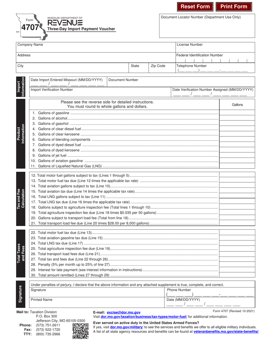 Form 4707 Three-Day Import Payment Voucher - Missouri, Page 1