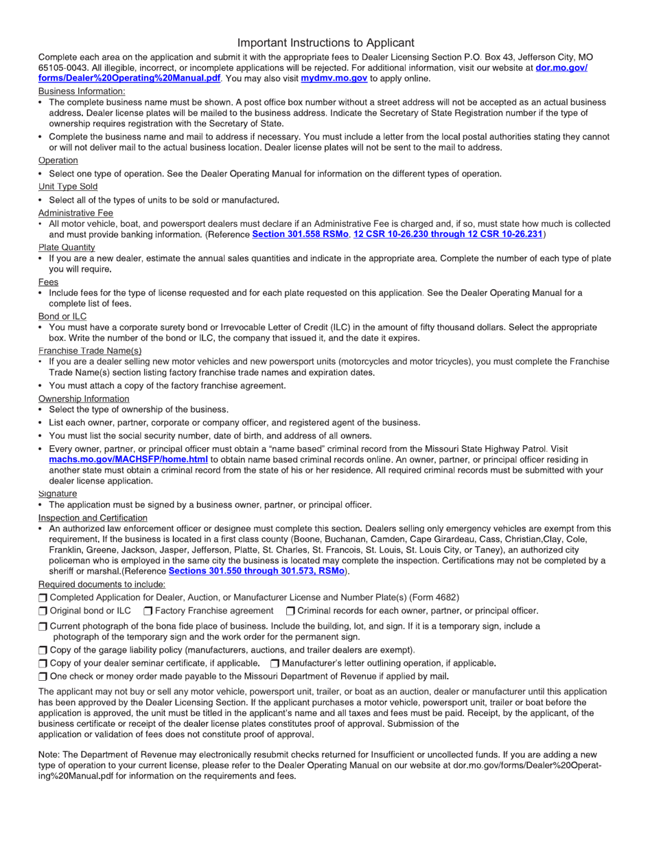 Form 4682 Application for Dealer, Auction, or Manufacturer License and Number Plate(S) - Missouri, Page 3