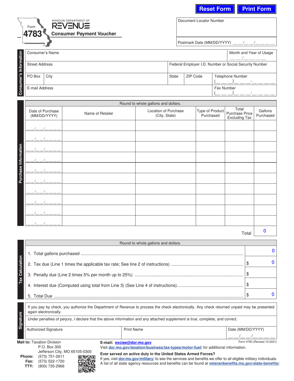 Form 4783 Consumer Payment Voucher - Missouri, Page 1