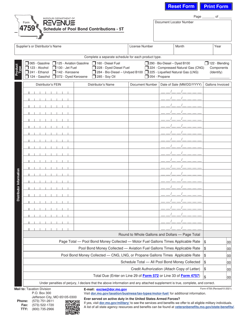 Form 4759 Schedule of Pool Bond Contributions - 5t - Missouri, Page 1