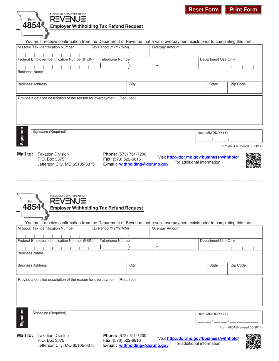 Form 4854 Fill Out, Sign Online and Download Fillable PDF, Missouri