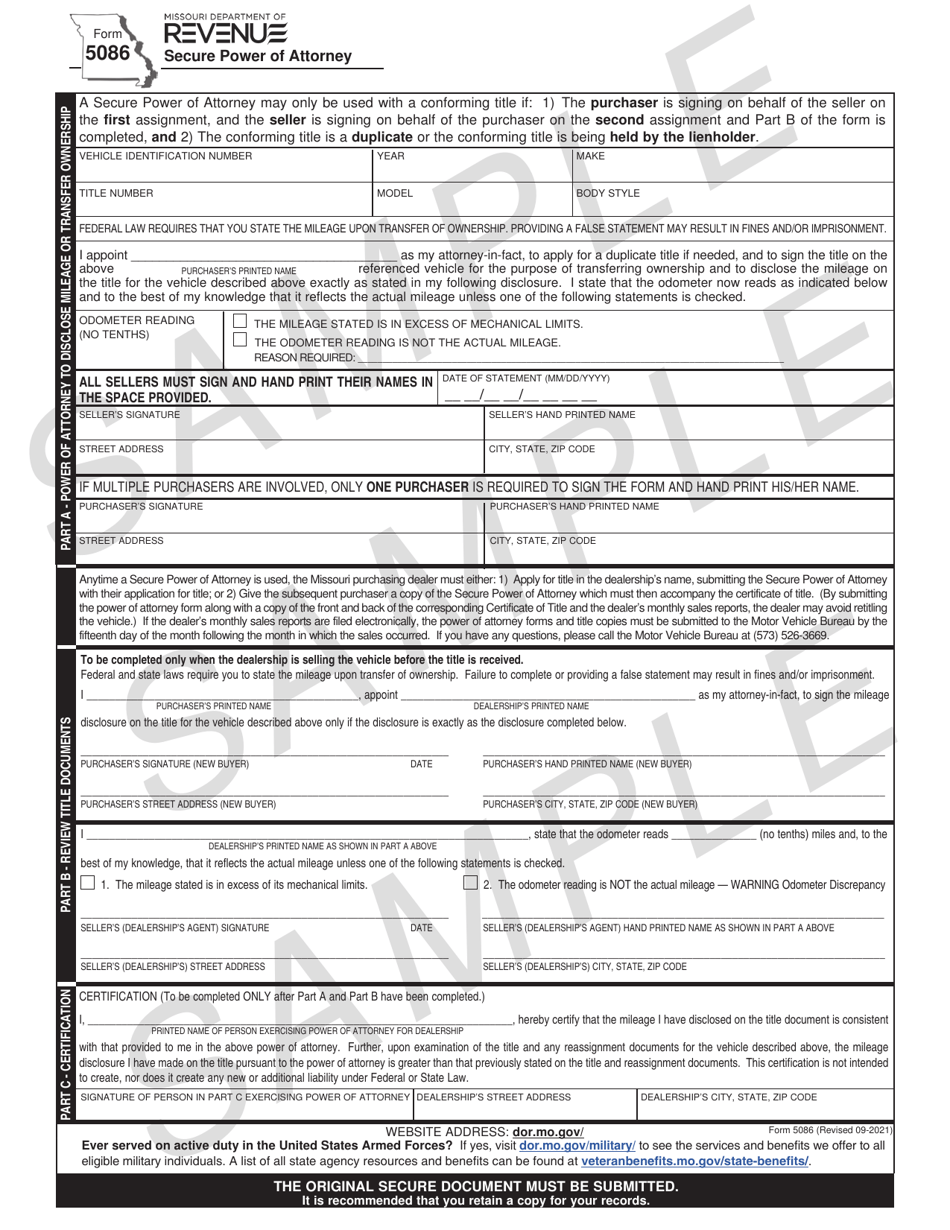 Form 5086 Secure Power of Attorney - Sample - Missouri, Page 1