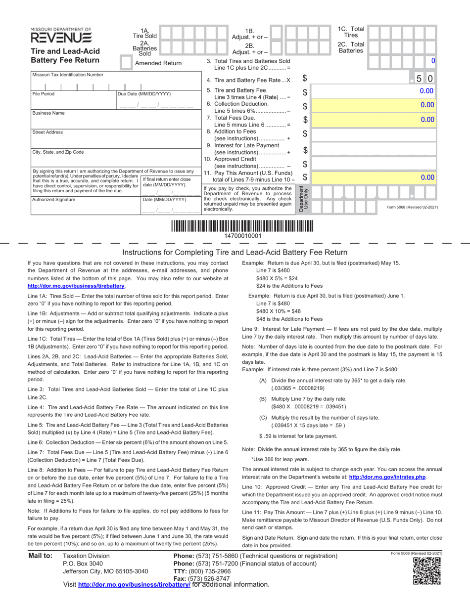 Form 5068 Tire and Lead-Acid Battery Fee Return - Missouri, Page 1