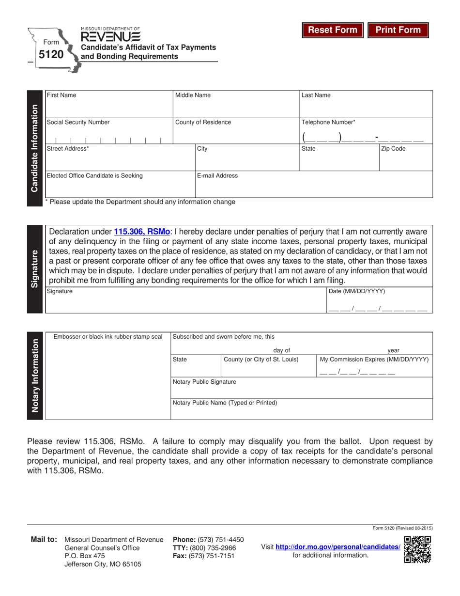 Form 5120 Candidates Affidavit of Tax Payments and Bonding Requirements - Missouri, Page 1