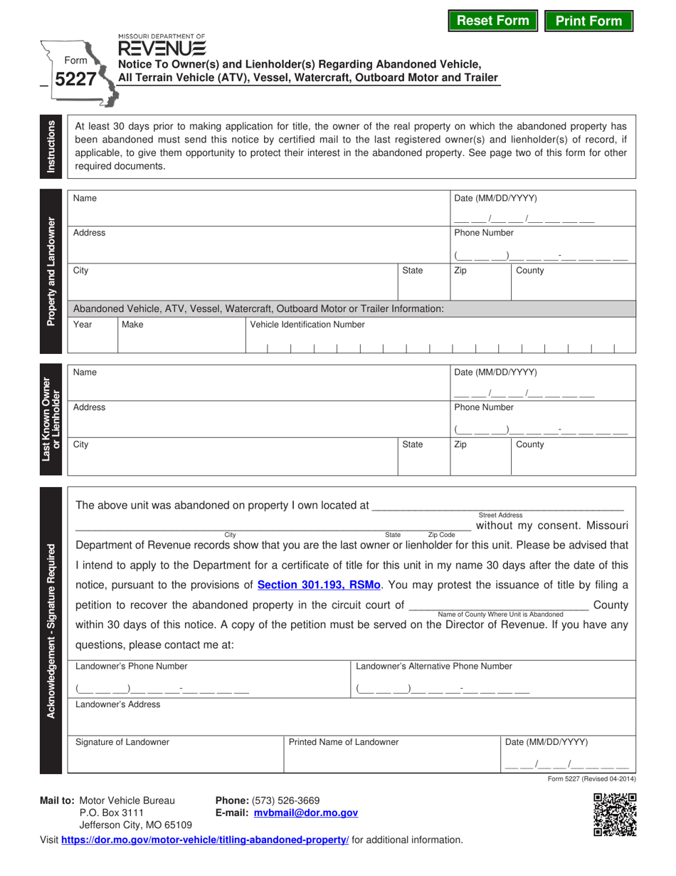 Form 5227 - Fill Out, Sign Online and Download Fillable PDF, Missouri ...