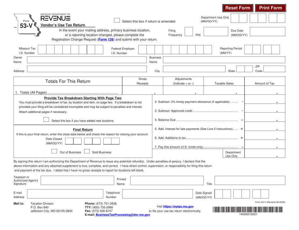 Form 53-V Vendors Use Tax Return - Missouri, Page 1