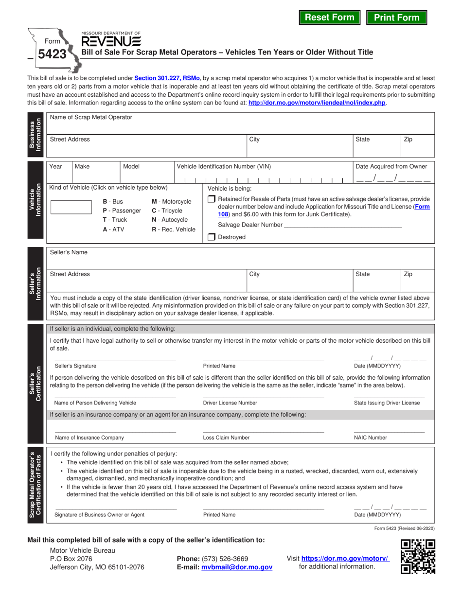 Form 5423 Bill of Sale for Scrap Metal Operators - Vehicles Ten Years or Older Without Title - Missouri, Page 1