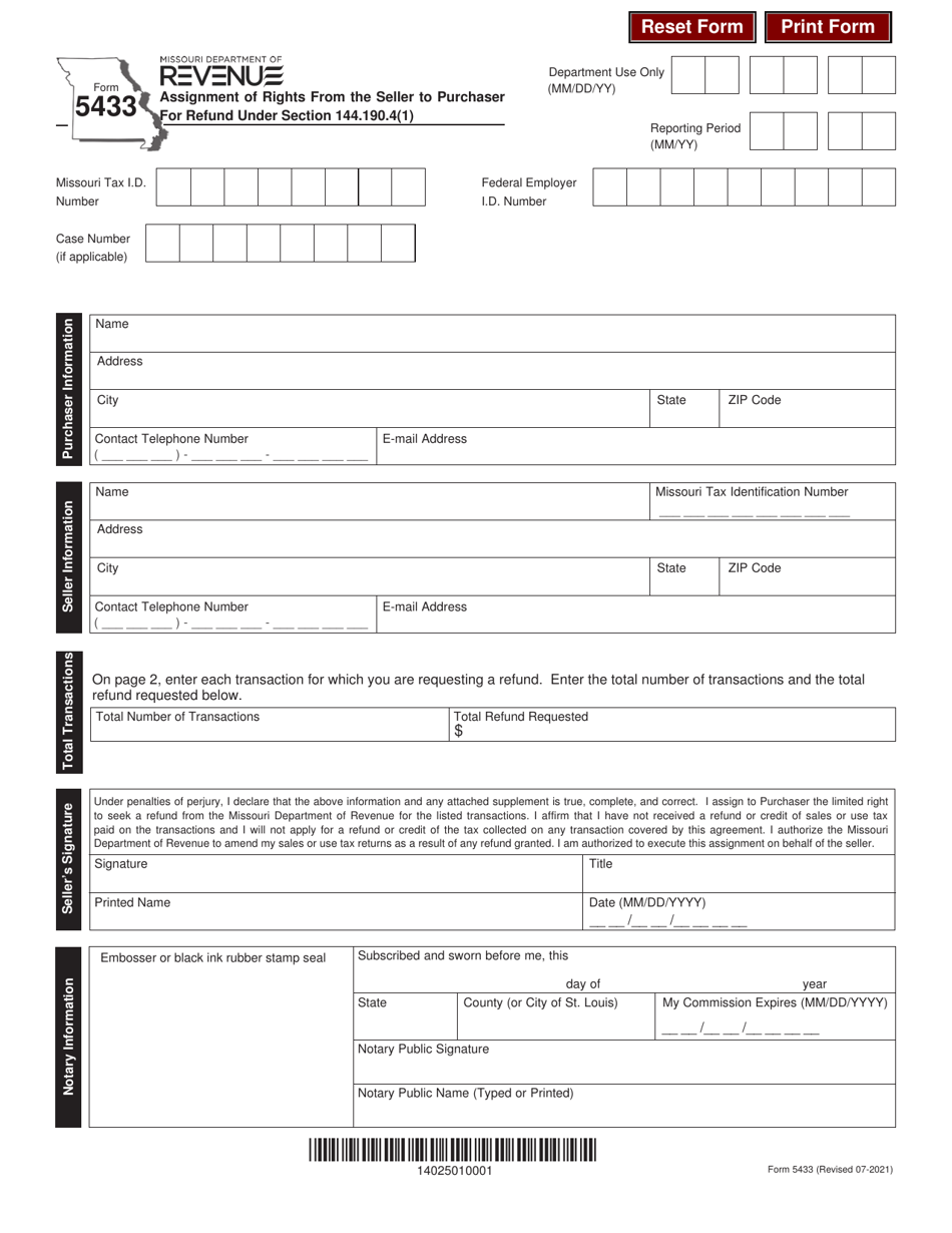 Form 5433 Assignment of Rights From the Seller to Purchaser for Refund Under Section 144.190.4(1) - Missouri, Page 1
