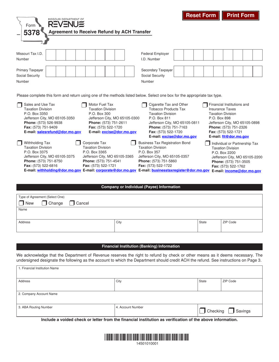 Form 5378 Agreement to Receive Refund by ACH Transfer - Missouri, Page 1
