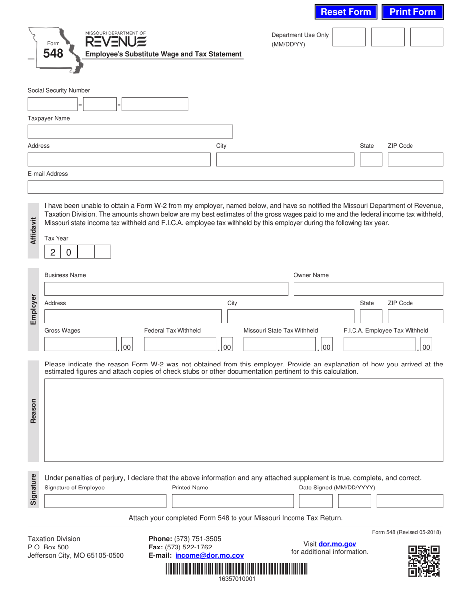Form 548 Employee's Substitute Wage and Tax Statement - Missouri, Page 1