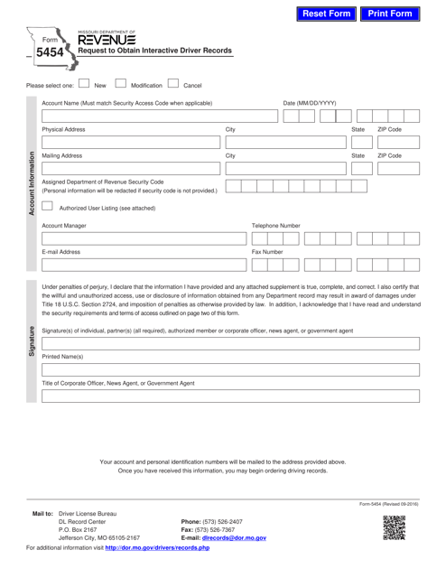 Form 5454 Request to Obtain Interactive Driver Records - Missouri