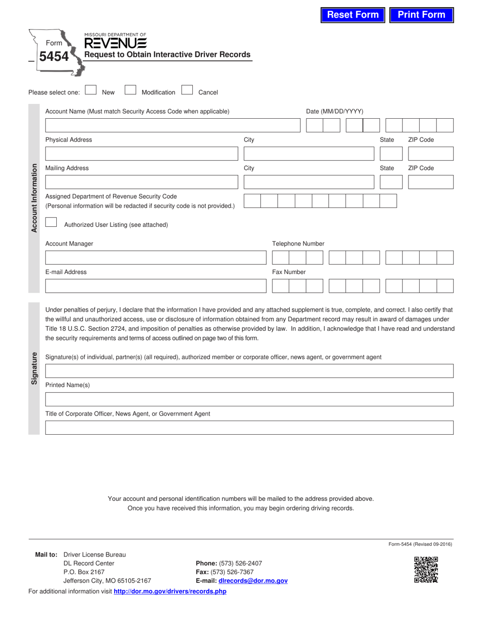 Form 5454 Request to Obtain Interactive Driver Records - Missouri, Page 1