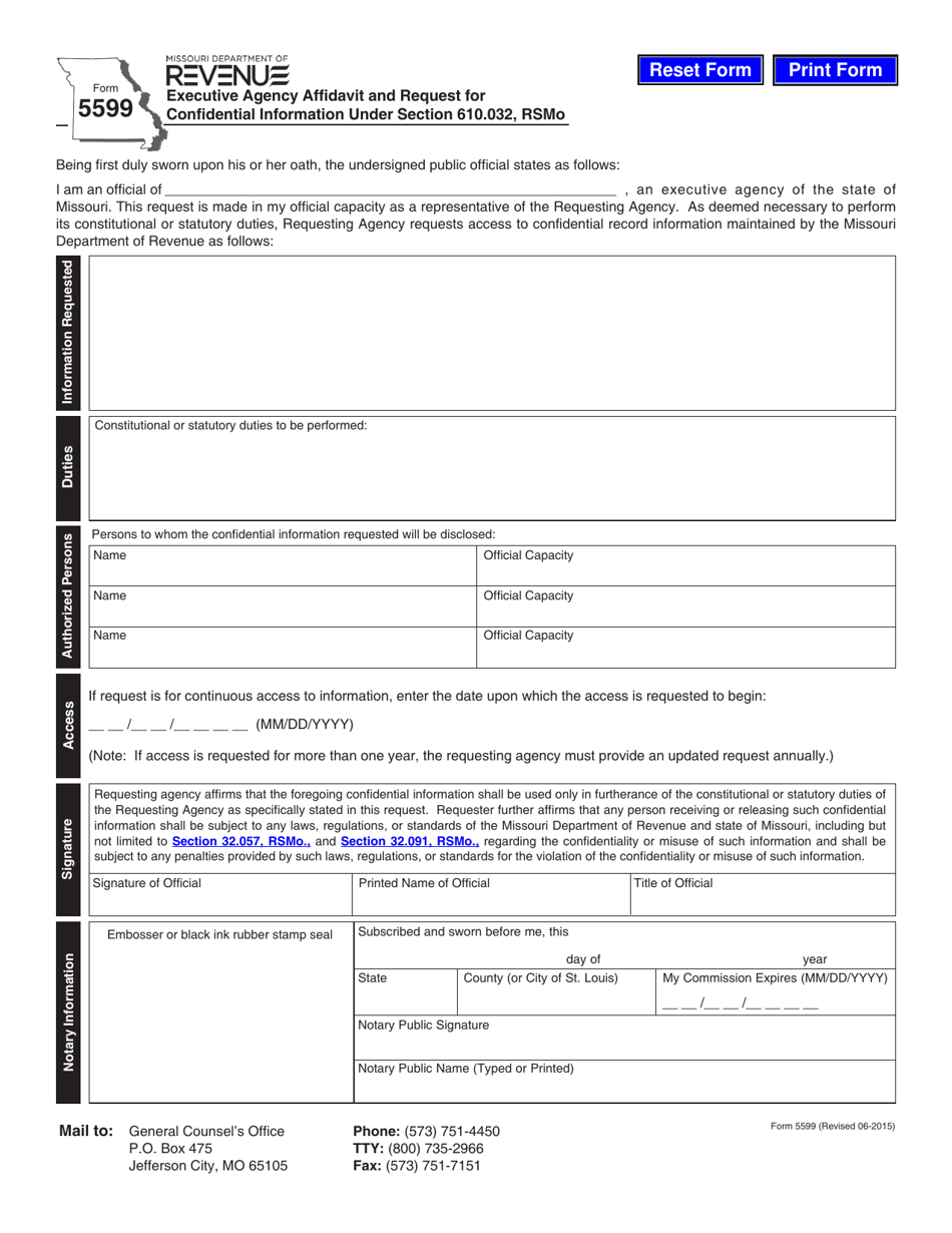 Form 5599 Executive Agency Affidavit and Request for Confidential Information Under Section 610.032, Rsmo - Missouri, Page 1