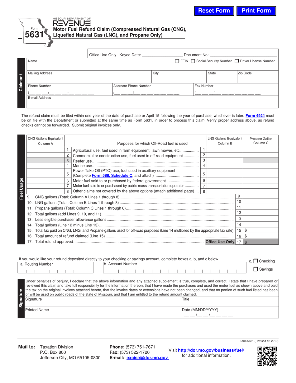 Form 5631 Motor Fuel Refund Claim (Compressed Natural Gas (Cng), Liquefied Natural Gas (Lng), and Propane Only) - Missouri, Page 1