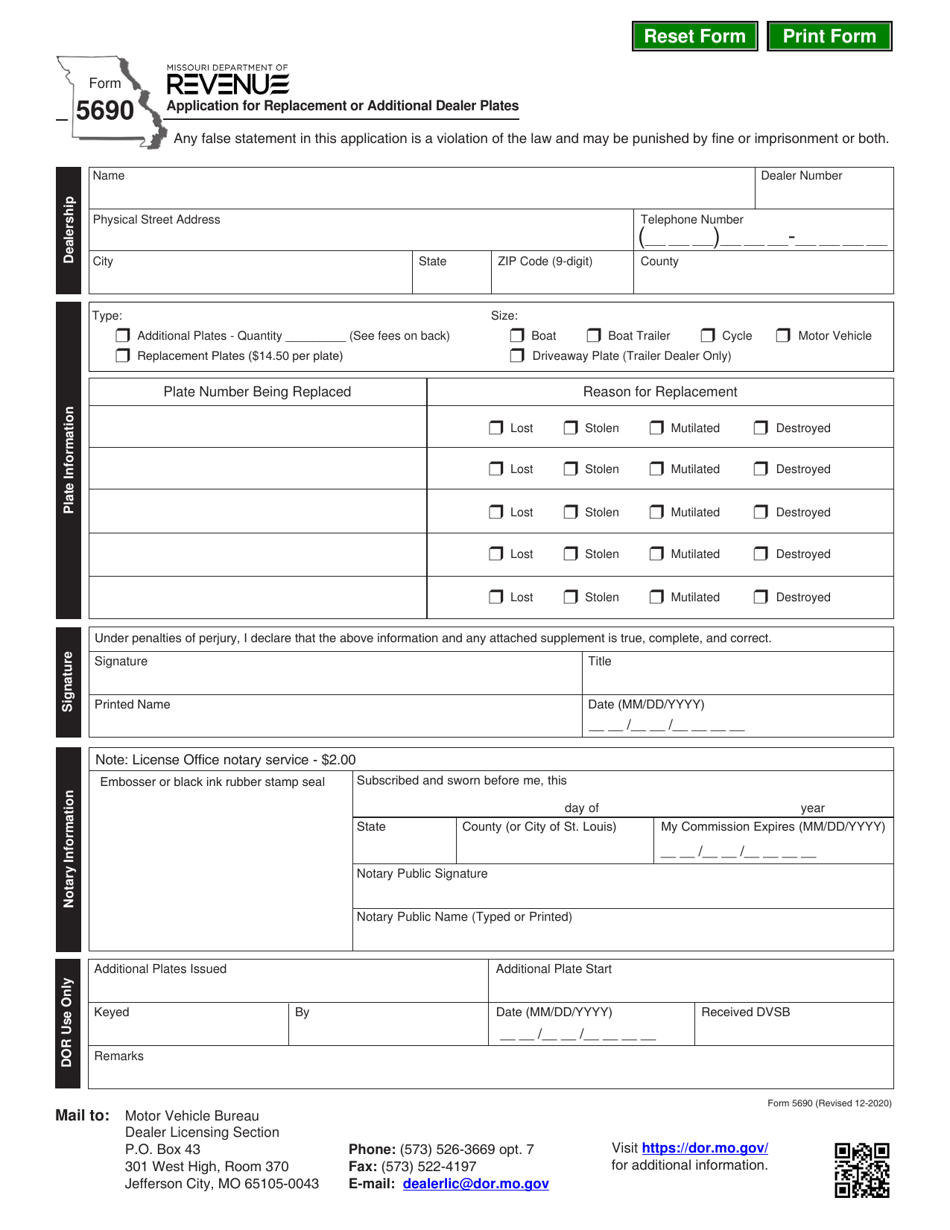 Form 5690 Application for Replacement or Additional Dealer Plates - Missouri, Page 1