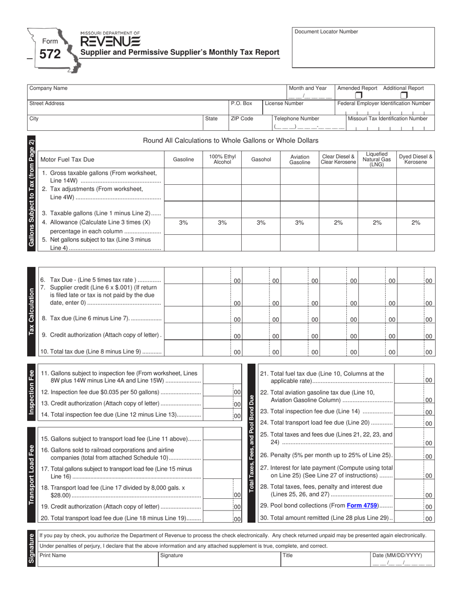 Form 572 Supplier and Permissive Suppliers Monthly Tax Report - Missouri, Page 1