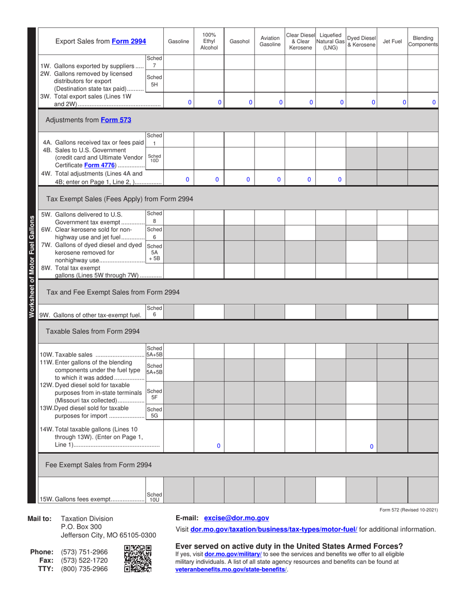 Form 572 Supplier and Permissive Suppliers Monthly Tax Report - Missouri, Page 2