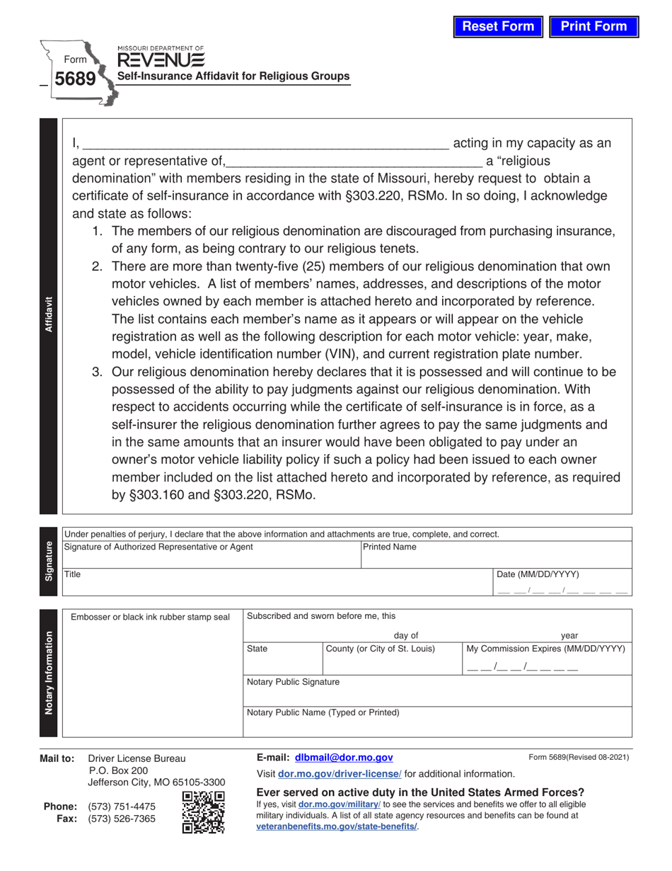 Form 5689 Self-insurance Affidavit for Religious Groups - Missouri, Page 1