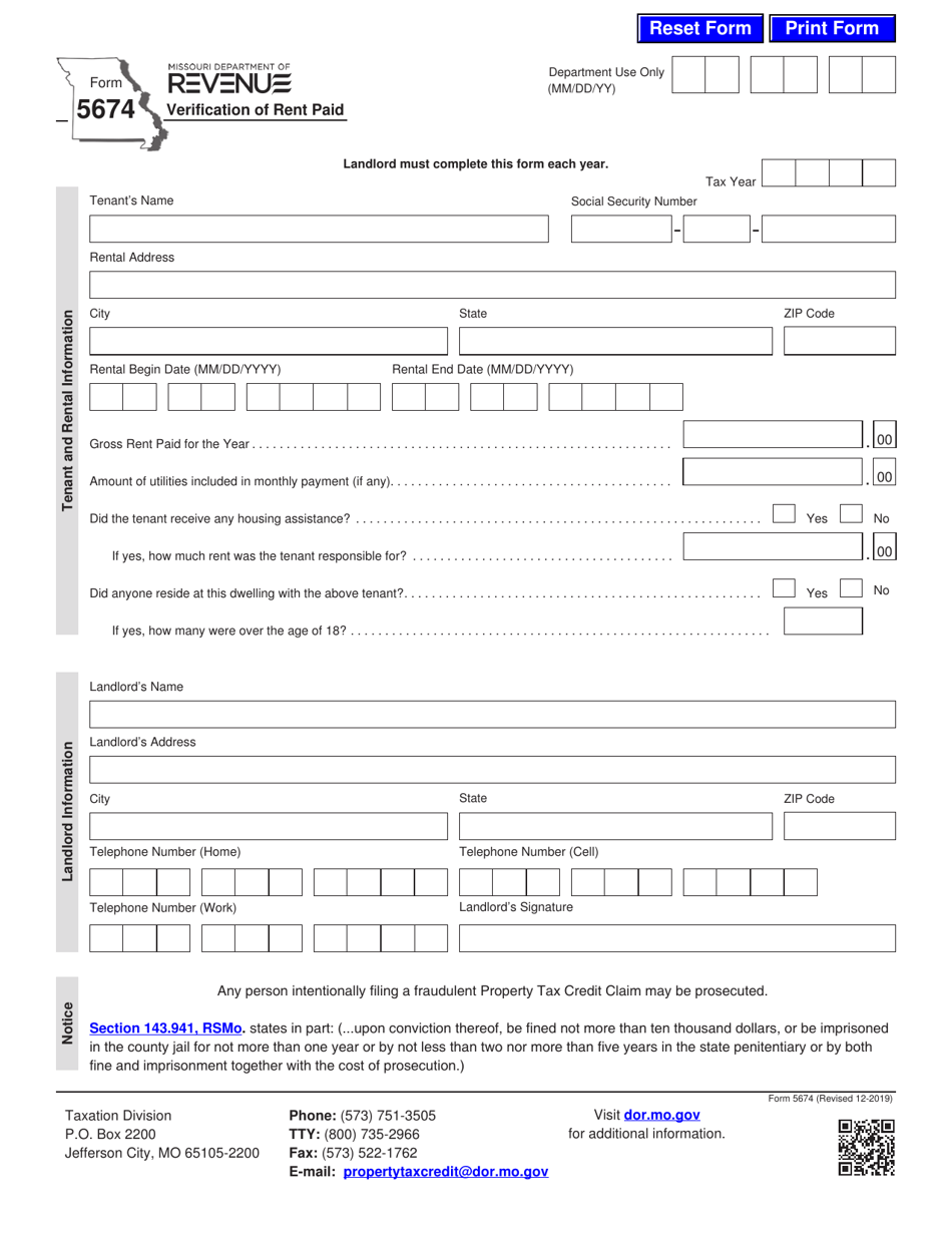 Form 5674 Verification of Rent Paid - Missouri, Page 1