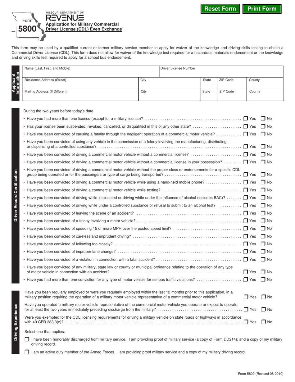 Form 5800 Application for Military Commercial Driver License (Cdl) Even Exchange - Missouri, Page 1