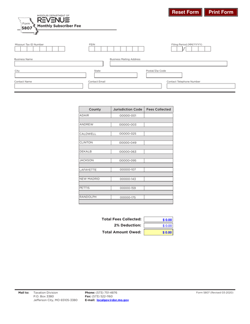 Form 5807 Monthly Subscriber Fee - Missouri