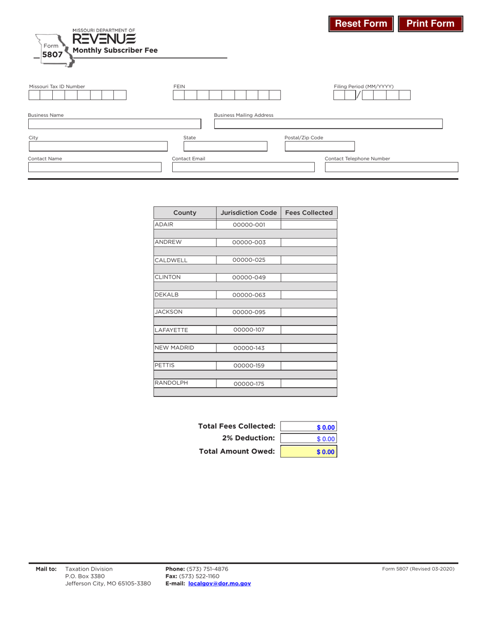 Form 5807 Monthly Subscriber Fee - Missouri, Page 1