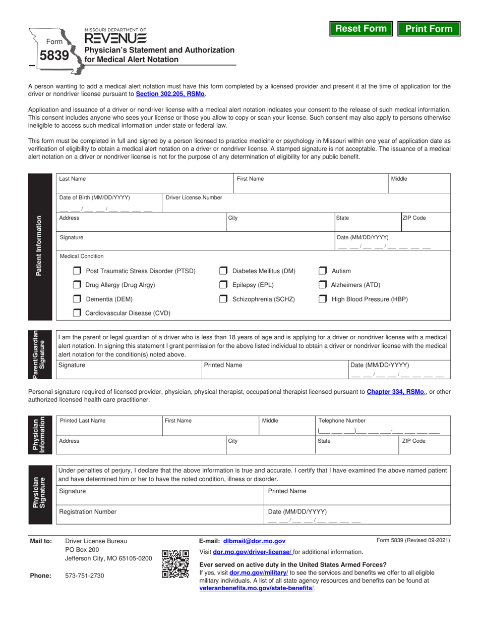 Form 5839 Physicians Statement and Authorization for Medical Alert Notation - Missouri, Page 1