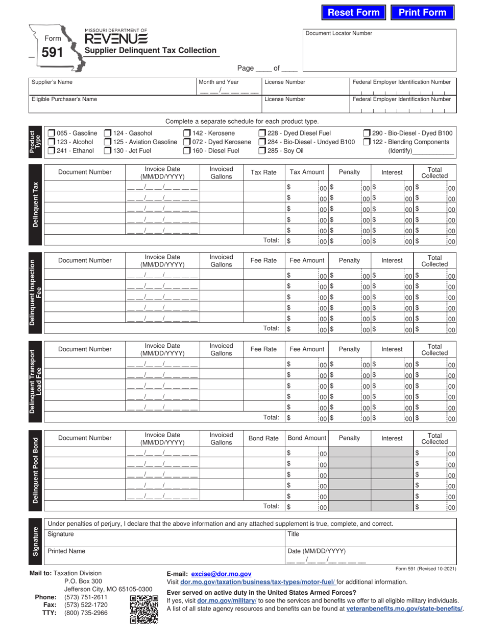 Form 591 Supplier Delinquent Tax Collection - Missouri, Page 1