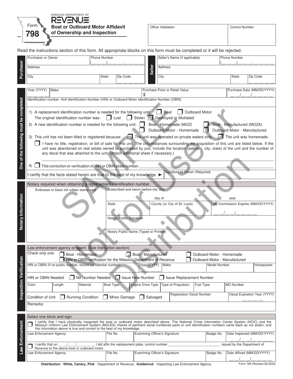Form 798 Boat or Outboard Motor Affidavit of Ownership and Inspection - Sample - Missouri, Page 1
