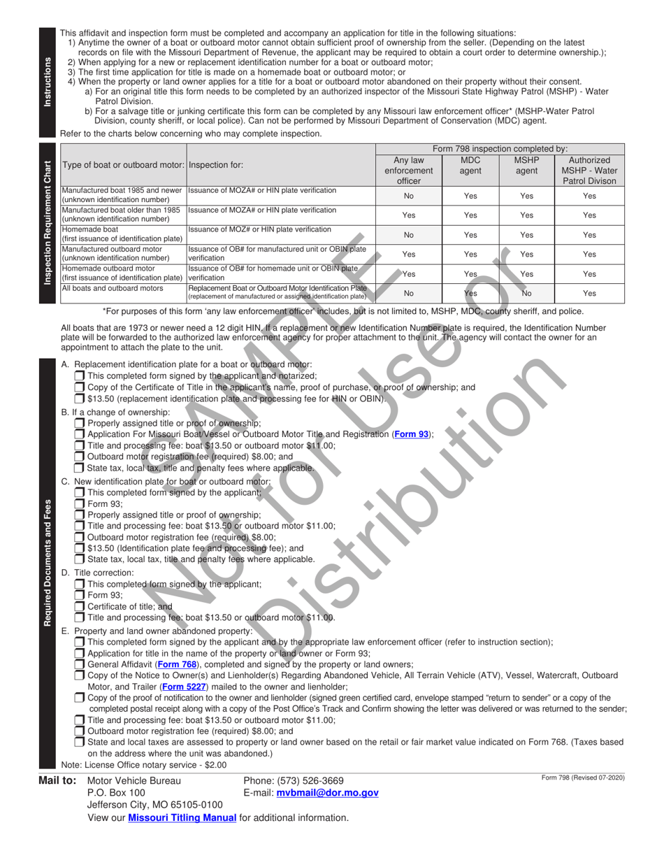 Form 798 Boat or Outboard Motor Affidavit of Ownership and Inspection - Sample - Missouri, Page 2
