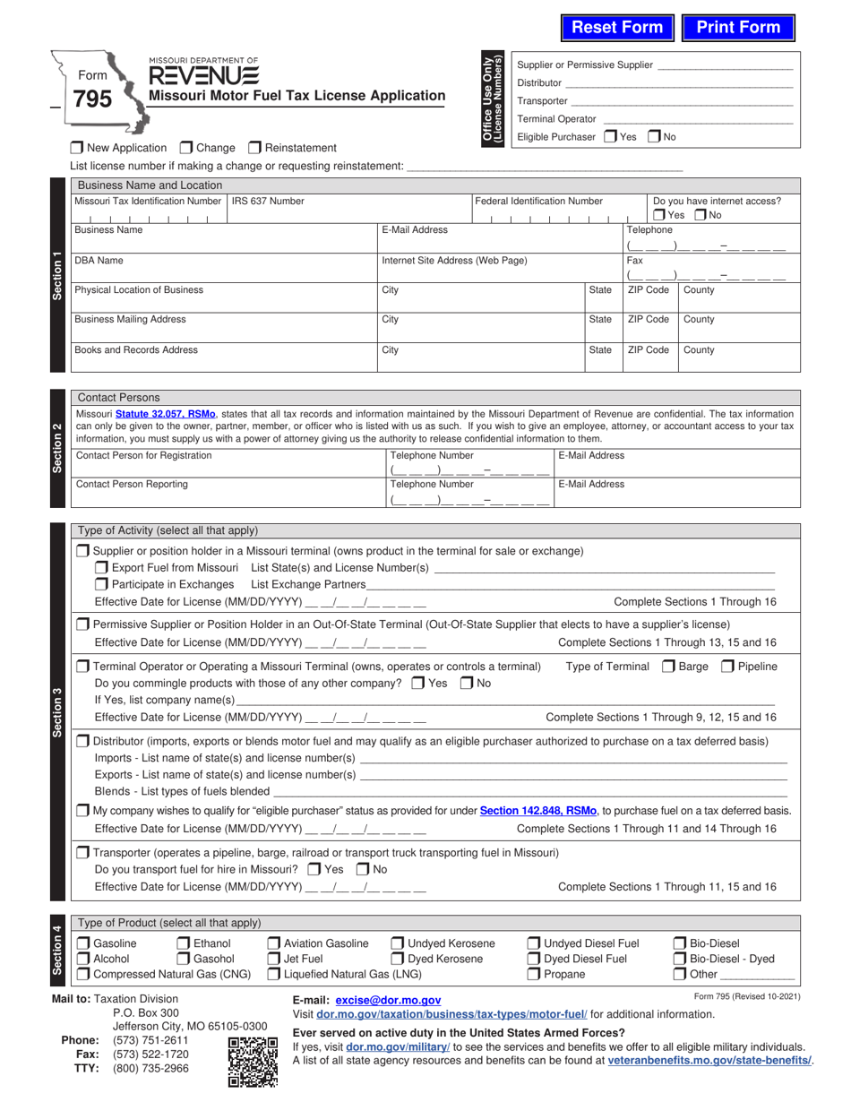 Form 795 Missouri Motor Fuel Tax License Application - Missouri, Page 3