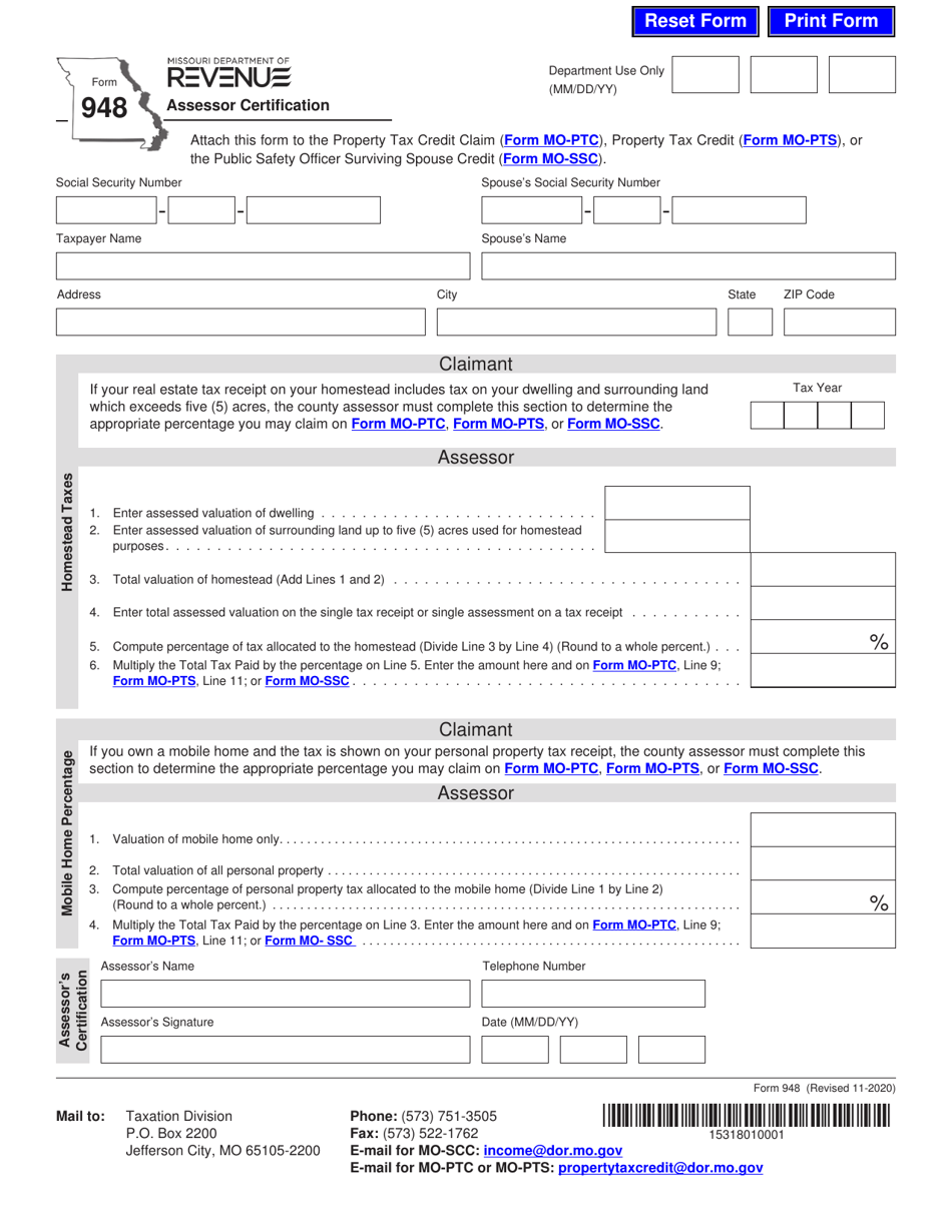 Form 948 Assessor Certification - Missouri, Page 1