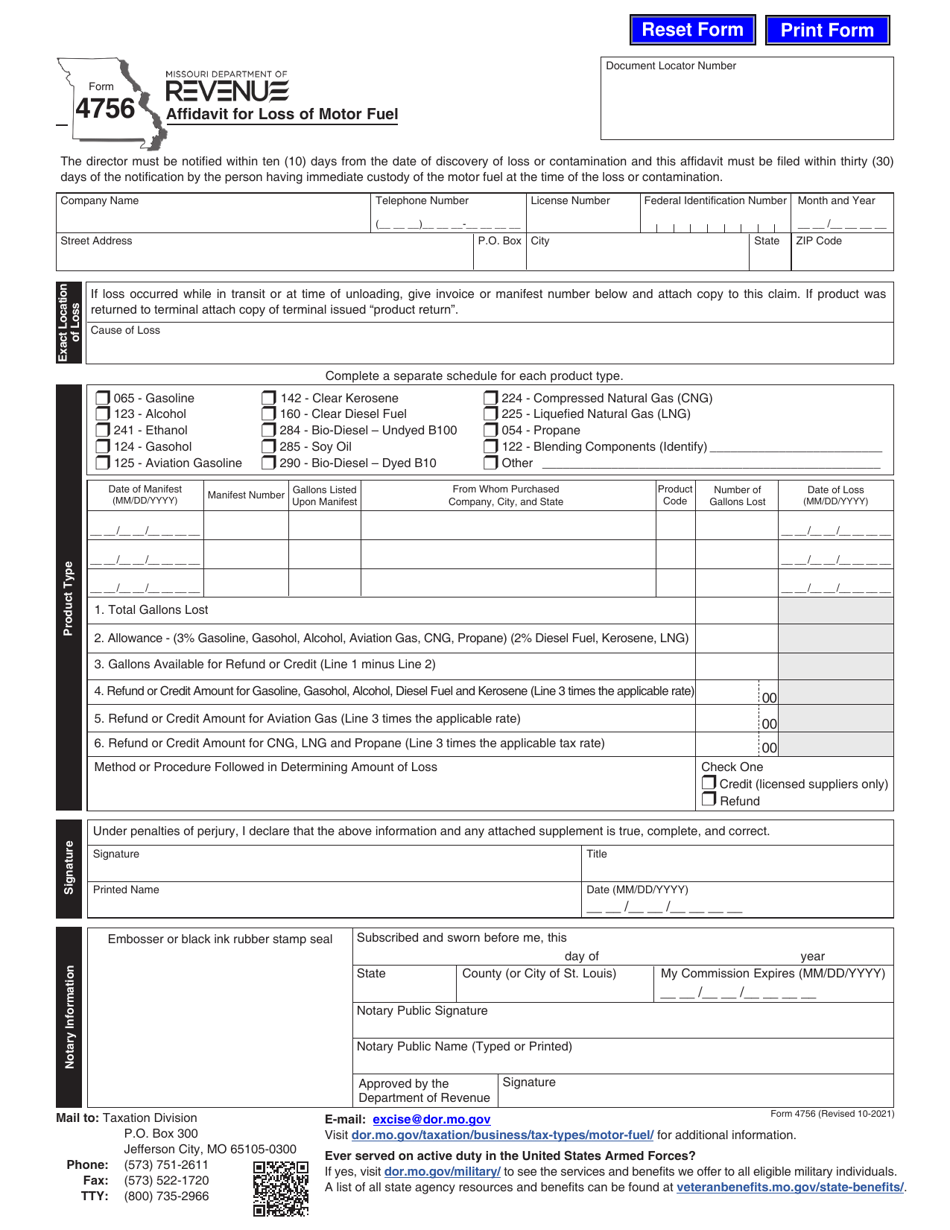 Form 4756 Affidavit for Loss of Motor Fuel - Missouri, Page 1