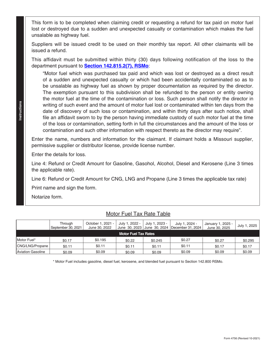 Form 4756 Affidavit for Loss of Motor Fuel - Missouri, Page 2