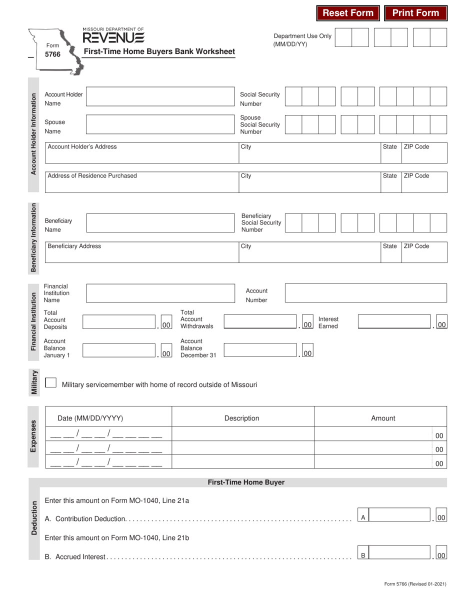 Form 5766 First-Time Home Buyers Bank Worksheet - Missouri, Page 1