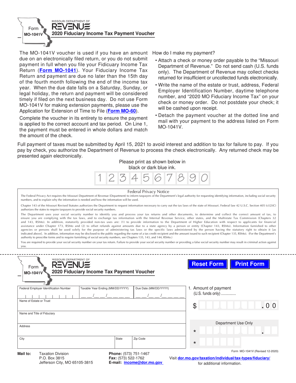 Form MO-1041V Fiduciary Income Tax Payment Voucher - Missouri, Page 1