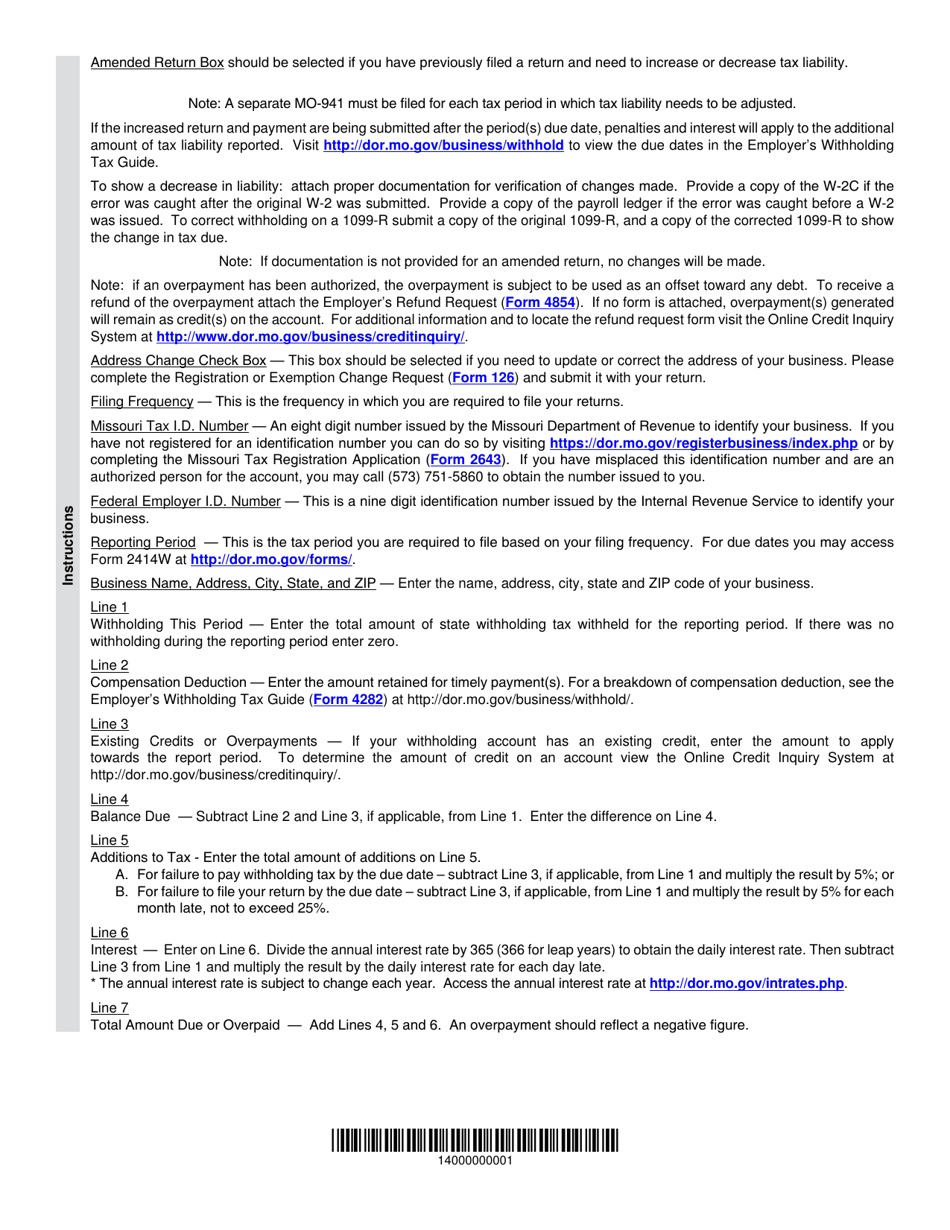 Form MO-941 Employers Return of Income Taxes Withheld - Missouri, Page 2