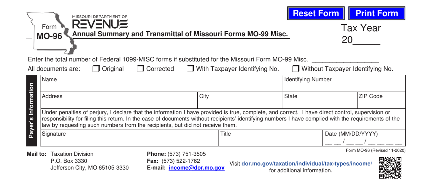 Form MO-96 Annual Summary and Transmittal of Missouri Forms Mo-99 Misc - Missouri