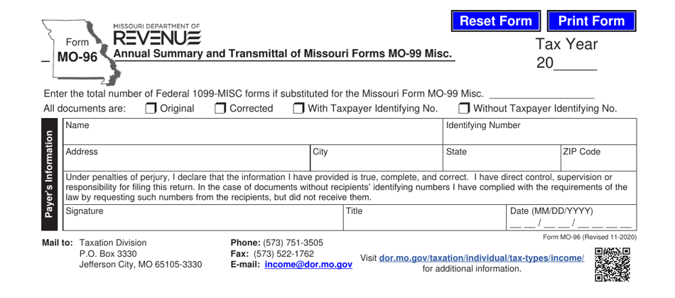 Form MO-96 Annual Summary and Transmittal of Missouri Forms Mo-99 Misc - Missouri, Page 1