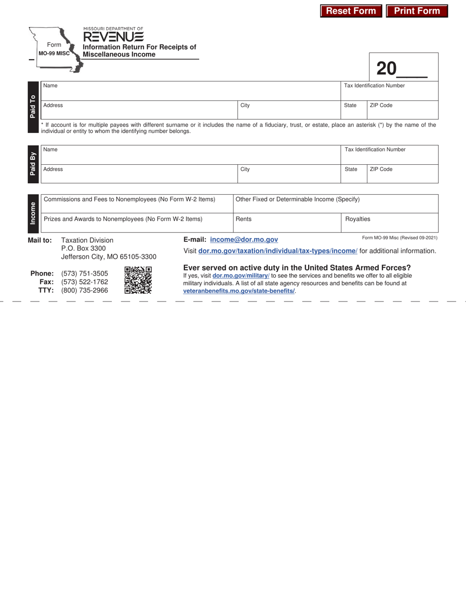 Form MO-99 MISC Information Return for Receipts of Miscellaneous Income - Missouri, Page 1