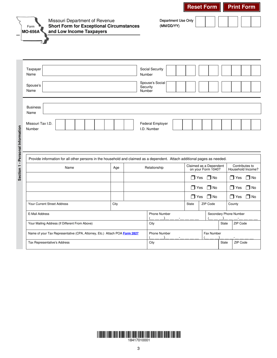 Form MO-656A Short Form for Exceptional Circumstances and Low Income Taxpayers - Missouri, Page 3