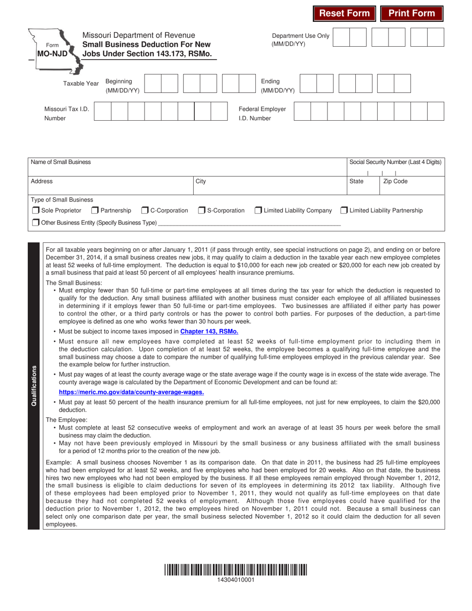 Form MO-NJD Small Business Deduction for New Jobs Under Section 143.173, Rsmo - Missouri, Page 1