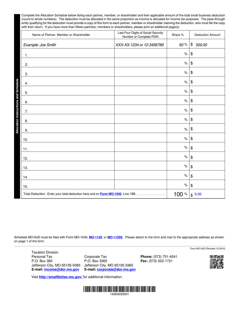 Form MO-NJD Small Business Deduction for New Jobs Under Section 143.173, Rsmo - Missouri, Page 3