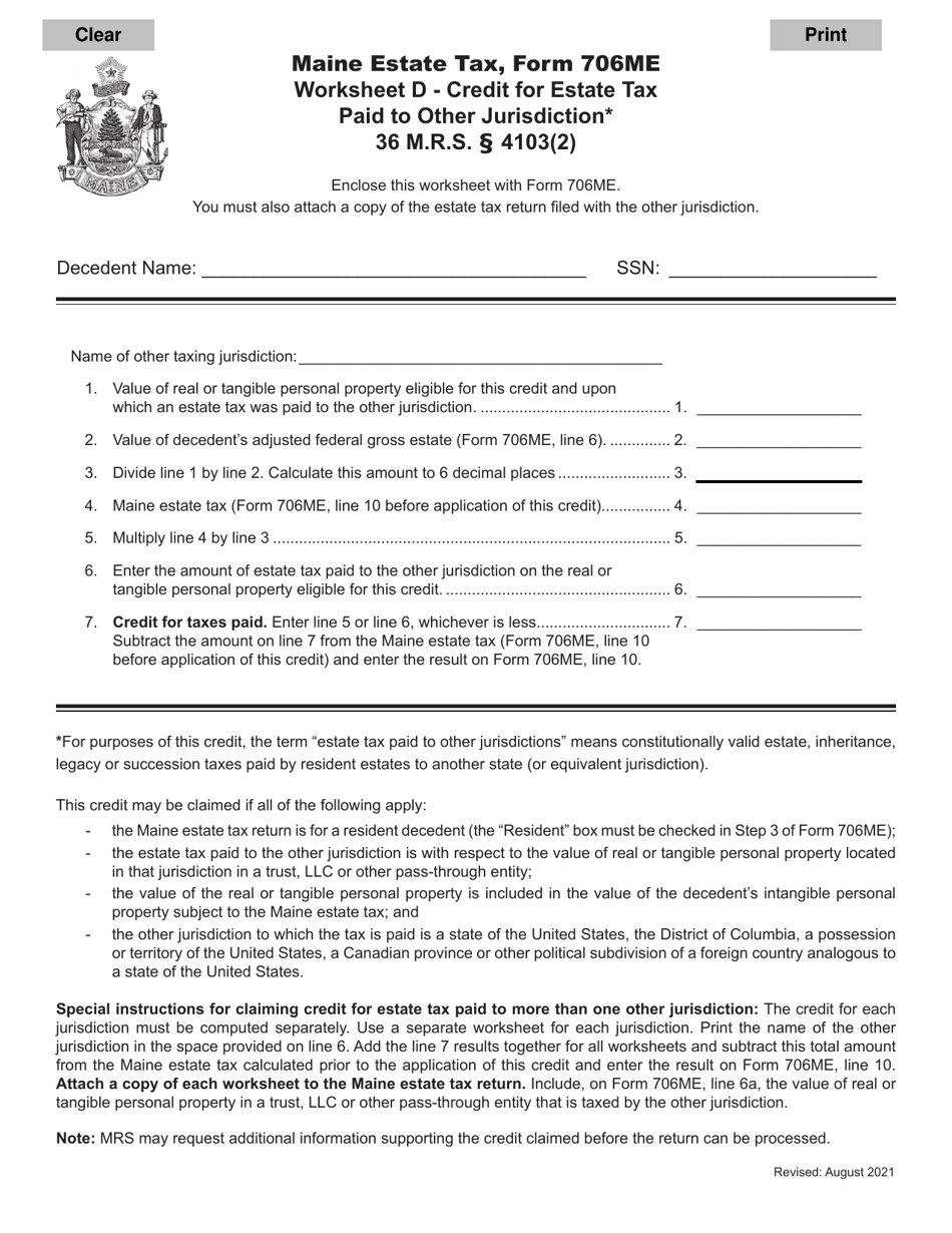 Form 706ME Worksheet D Credit for Estate Tax Paid to Other Jurisdiction - Maine, Page 1
