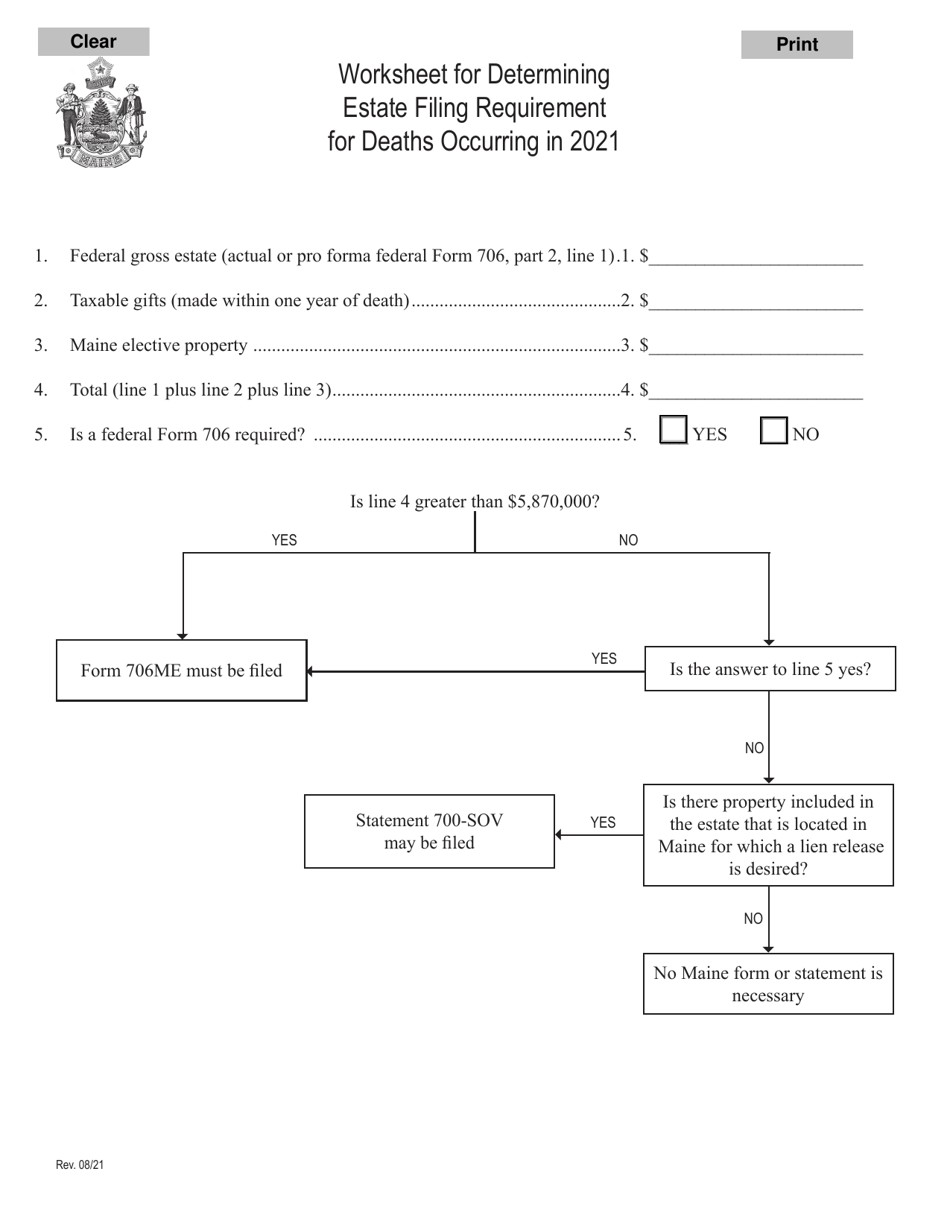 Worksheet for Determining Estate Tax Filing Requirement - Maine, Page 1