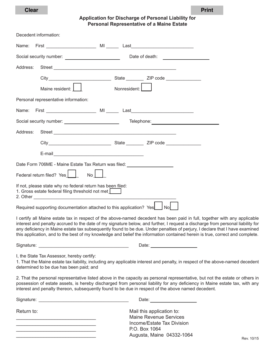 Application for Discharge of Personal Liability for Personal Representative of a Maine Estate - Maine, Page 1