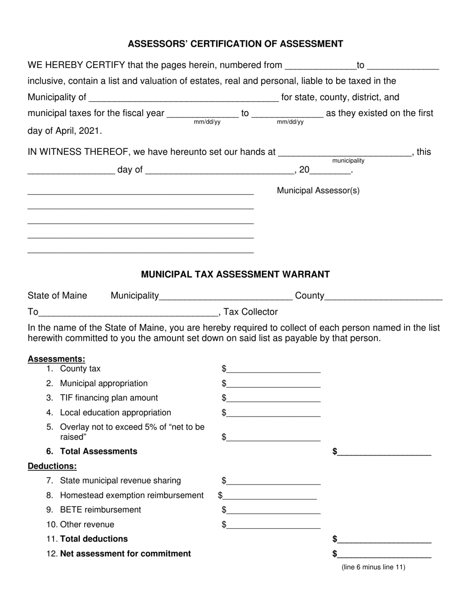 Form PTA200 Assessors Certification of Assessment and Municipal Tax Assessment Warrant - Maine, Page 1