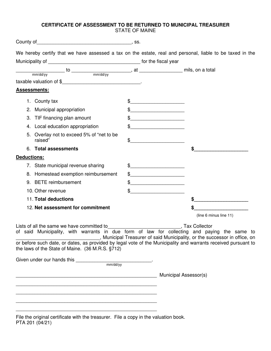 Form PTA201 Certificate of Assessment to Be Returned to Municipal Treasurer - Maine, Page 1